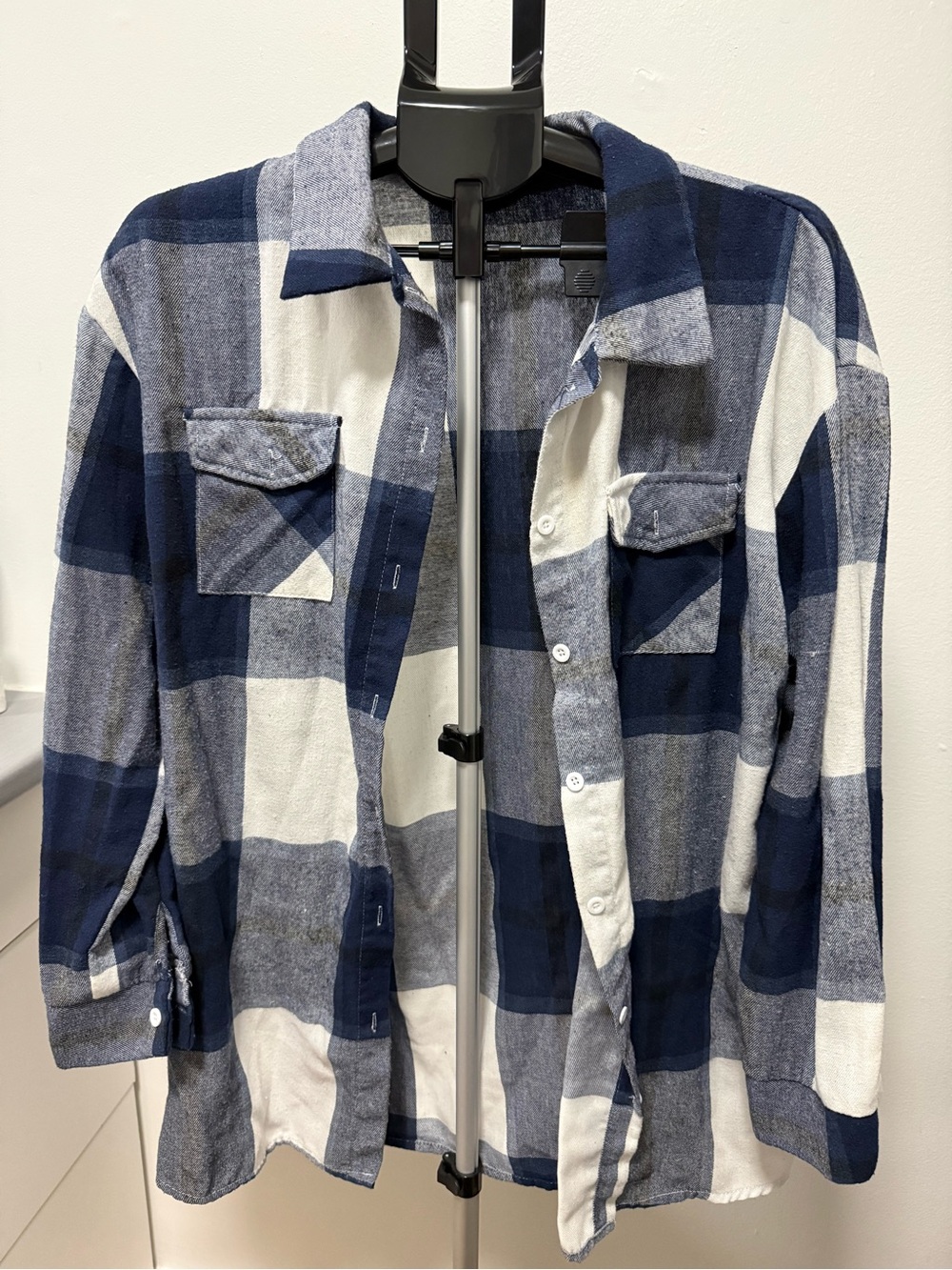 SHEIN Blue & White Plaid Oversized Flannel Button-Up Shirt Women’s Size XL